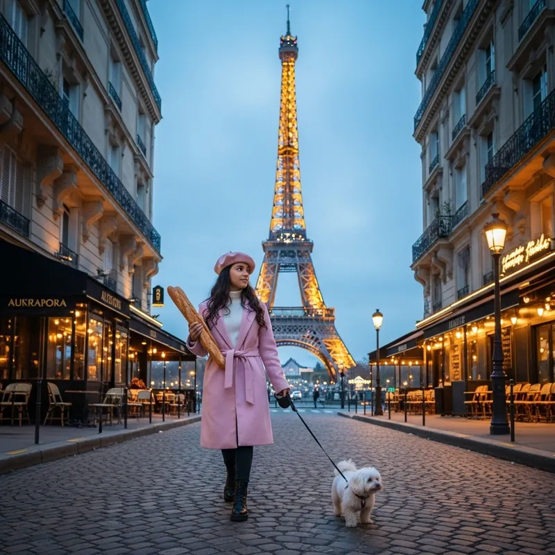 Hispanic Girl in Paris - Romantic Streets and Eiffel Tower View