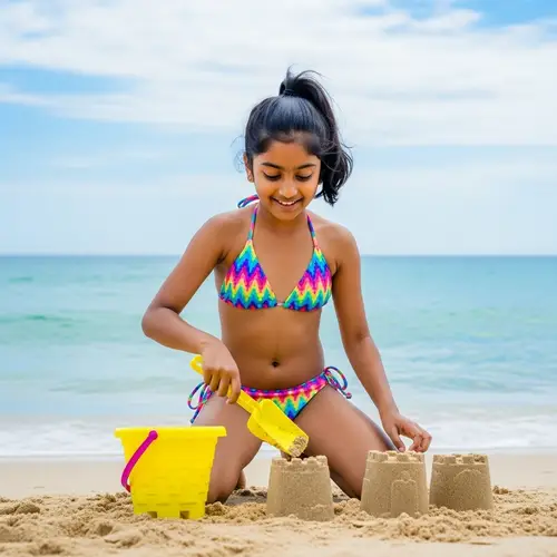 Young South Asian Girl Building Sandcastles on Sunny Beach