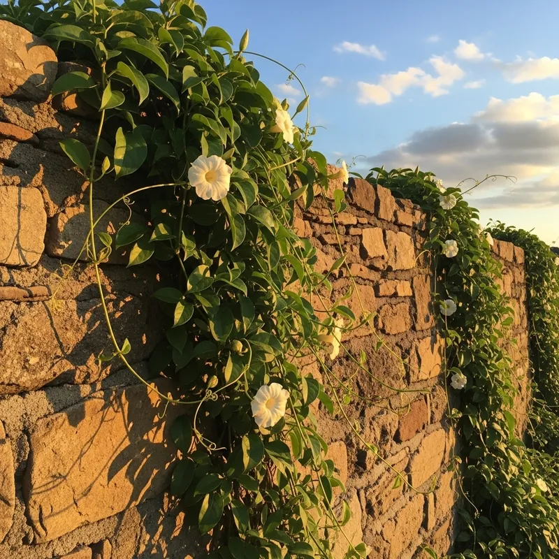 Ajaj: Vines Embracing an Old Stone Wall at Sunset