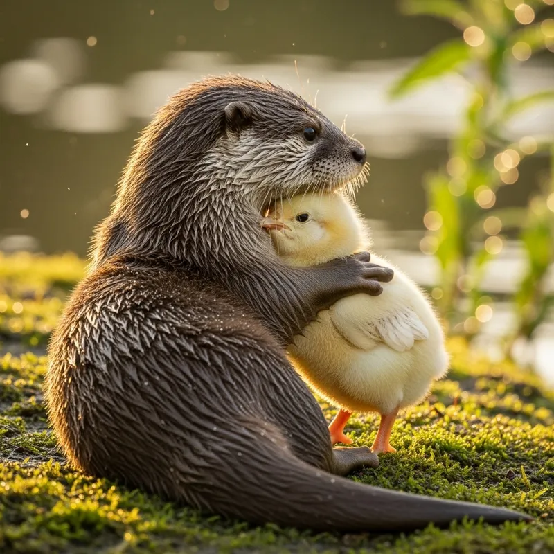 Baby Chick and Otter Embracing - Cute Animal Friendship