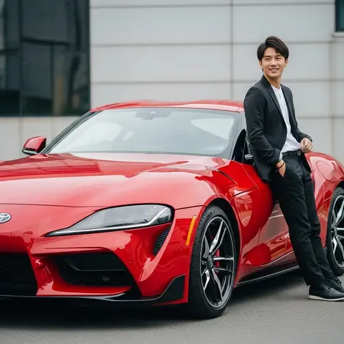 Vibrant Red Toyota Supra with Asian Man: Sleek Car Photos