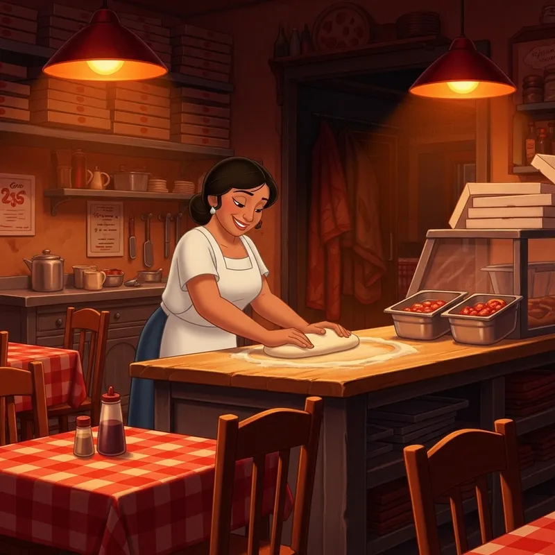 Traditional Animated Film: Hispanic Woman Working in Cozy Pizzeria