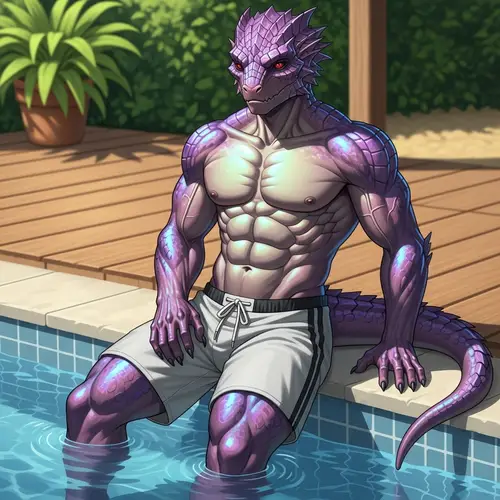 Muscular Male Kobold Demi-Human in Swimming Shorts by Pool