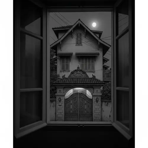 Monochrome Three-Story House at Night | Intricate Gate View
