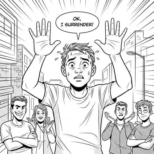 Comic-Style Illustration of Person Surrendering | Unique Artwork
