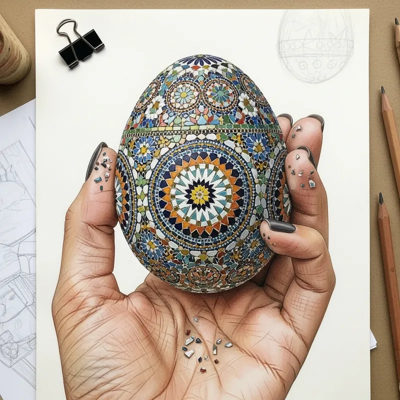 Hand Holding Exquisite Mosaic Eggshell Artwork