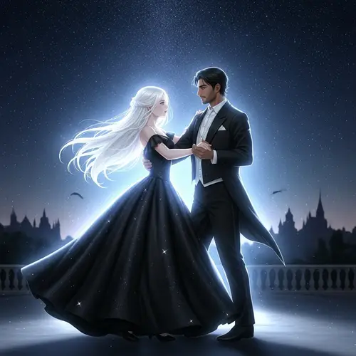 Enchanting Night Scene: Caucasian Girl & Middle-Eastern Man Dancing Under Starlit Sky