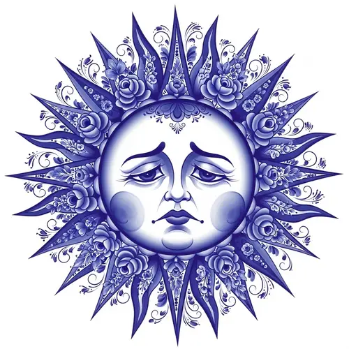 Melancholy Sun in Gzhel Style - Traditional Russian Folk Art