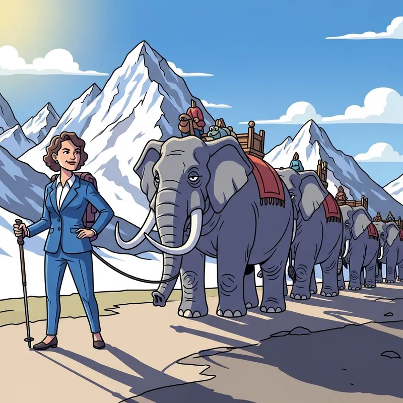 Riccarda Lang Caricature Leading Elephants Through Alpine Route Riccarda Lang Caricature Leading Elephants Through Alpine Route