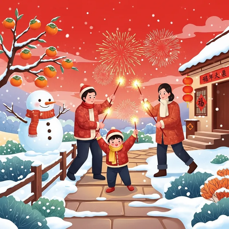 Chinese Family Celebrating Chinese New Year with Snowman and Fireworks in the Village Chinese Family Celebrating Chinese New Year with Snowman and Fireworks in the Village