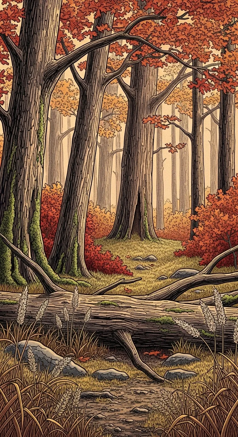 Intricate Ink Drawing of Autumn Oak Grove | Ivan Shishkin Style Artwork