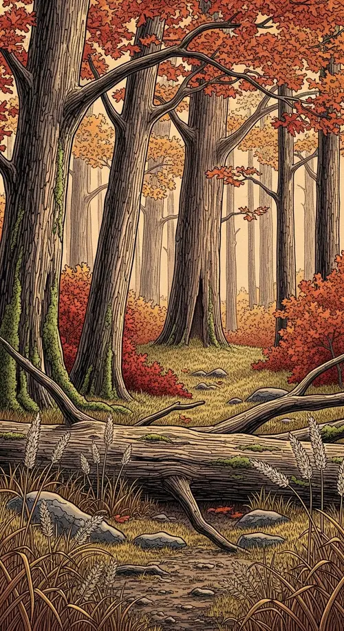 Intricate Ink Drawing of Autumn Oak Grove | Artwork Inspired by Ivan Shishkin