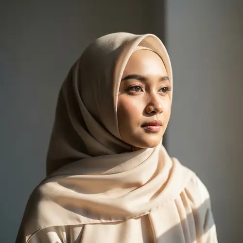 Indonesian Woman with Cream-Colored Hijab | Peaceful Expression