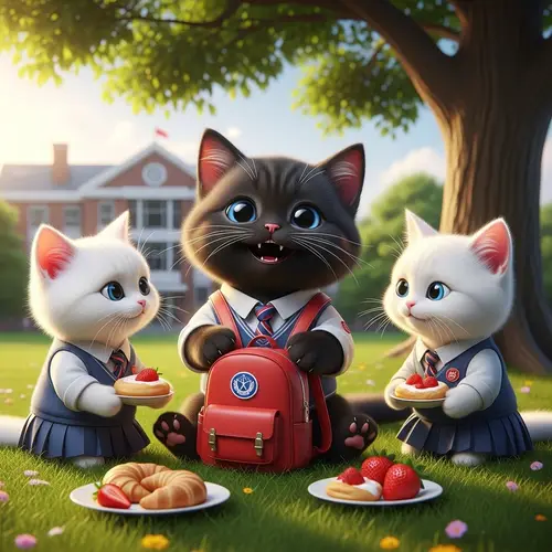 Enchanting Animated British Cat in School Uniform on Green Meadow