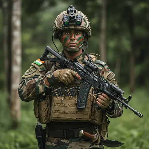 Indian Gurkha Soldier in Jungle Camouflage with AK-74 Rifle