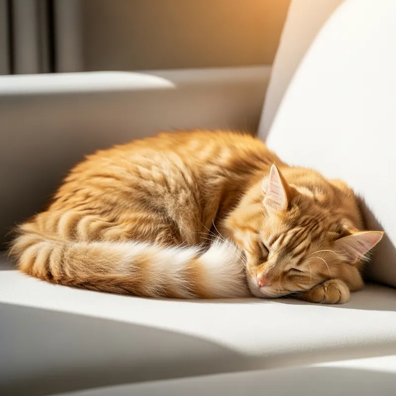 Contented Orange Cat Napping on White Couch