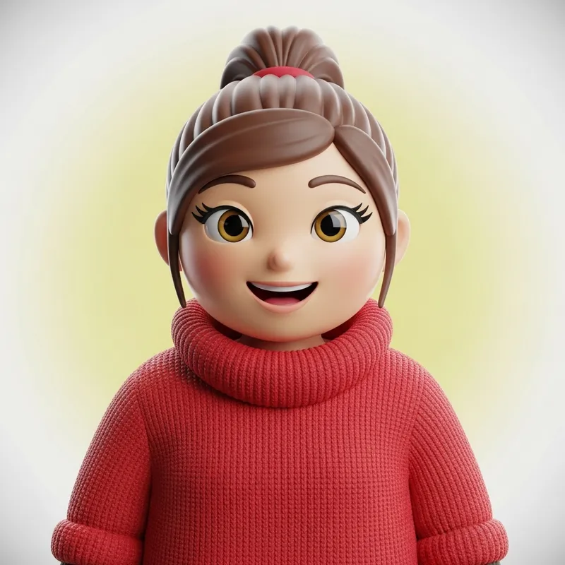 3D Emoji Girl with Tied-Up Hair in Red Sweater - 3D Character Design