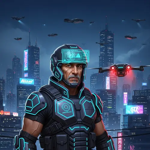 Futuristic Security Officer in Cyberpunk Urban Sprawl