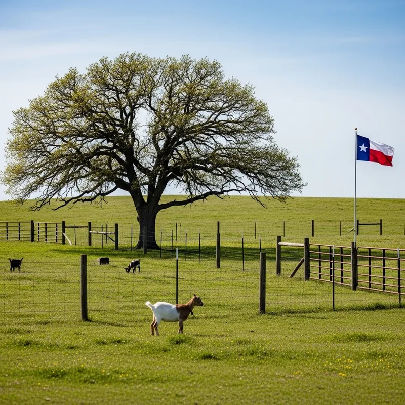 Idyllic Texas Scene: Rolling Hills, Oak Tree, and Grazing Goat Idyllic Texas Scene: Rolling Hills, Oak Tree, and Grazing Goat
