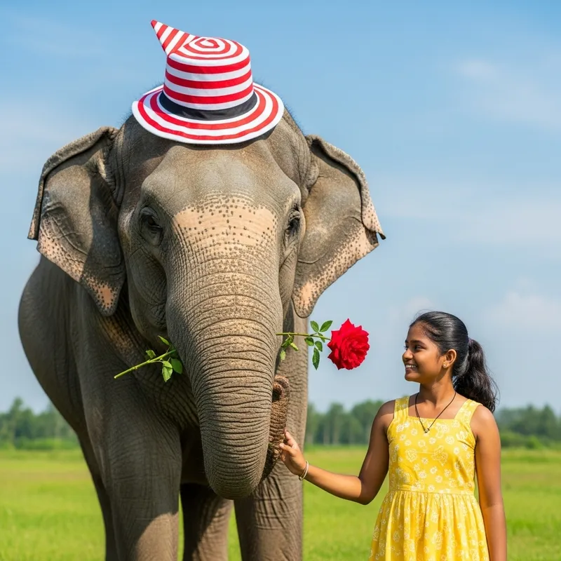 Fun Elephant with Hat and Rose Beside a Girl Fun Elephant with Hat and Rose Beside a Girl