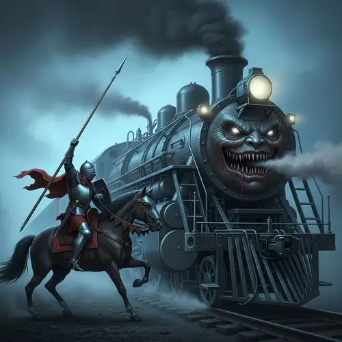 Hispanic Knight on Horseback vs. Scary Train: Fantasy Horror Scene