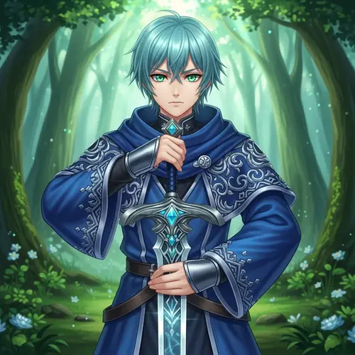 Fantasy Anime-Style Character in Verdant Magical Forest with Ornate Sword