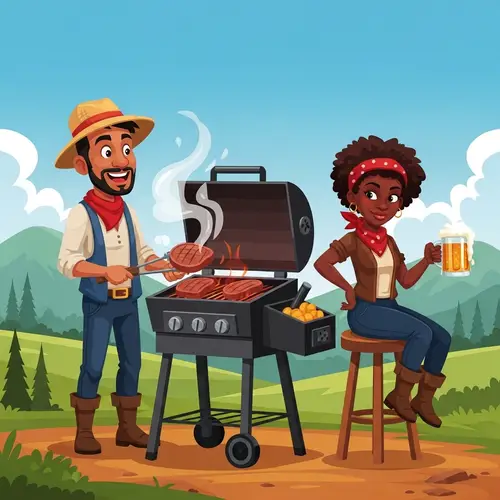 Cartoon Hillbillies Smoking Meat & Drinking Beer on Pellet Grill