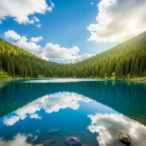 Tranquil Blue Lake Surrounded by Lush Green Trees