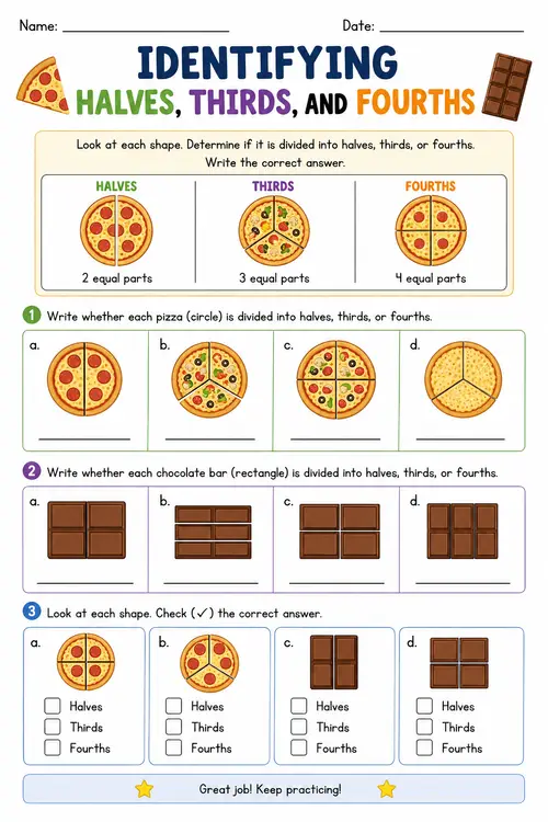 Identifying Halves, Thirds & Fourths Worksheet