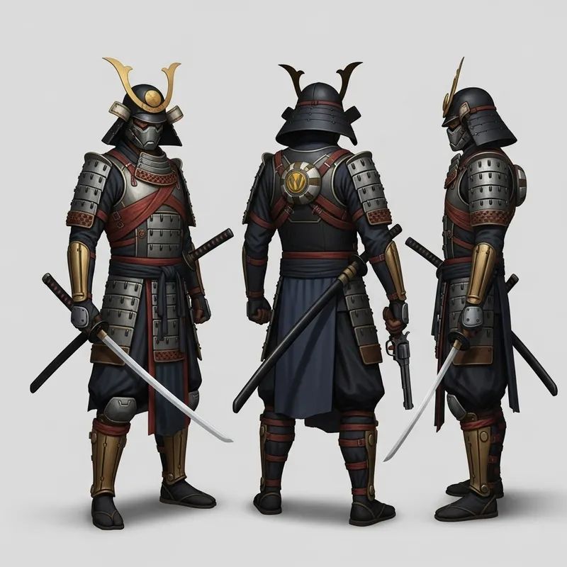 Futuristic Samurai with Black Katana and Revolver | Diverse Blend of Cultures