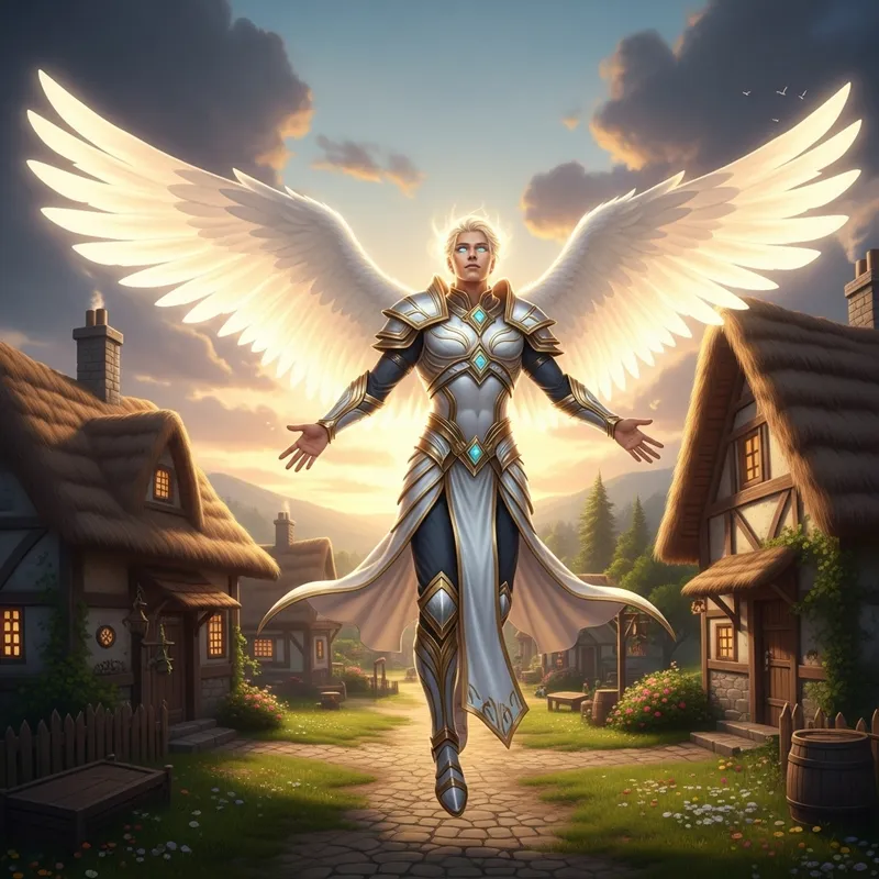 Ethereal Archangel Soaring Over Snow-White Village