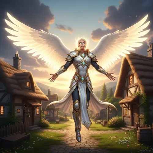Ethereal Archangel Soaring Over Rustic Village