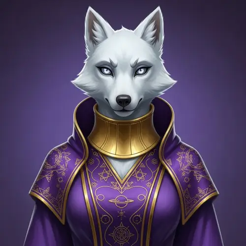 Female White Wolf Character with Silver Eyes in Purple and Gold Outfit