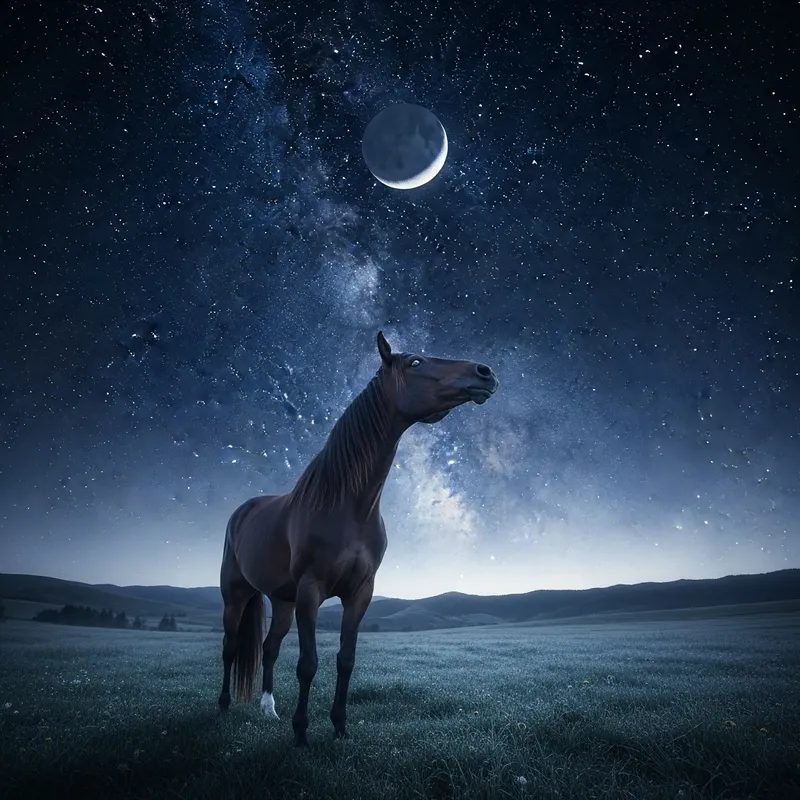 Lonely Horse Standing in Field at Night Gazing at Starry Sky