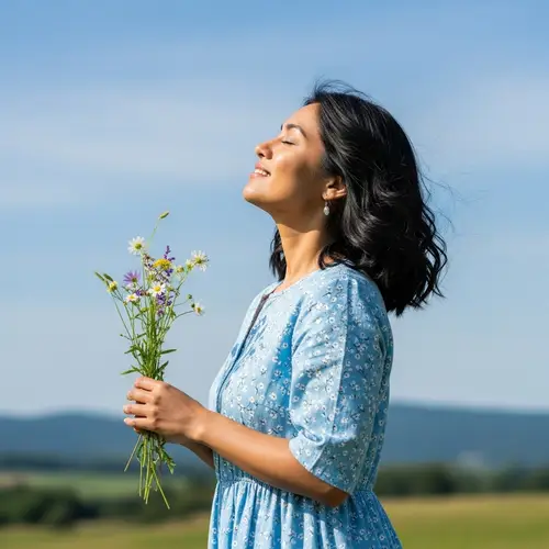 Serene South-Asian Woman in Blue Dress Enjoying Nature