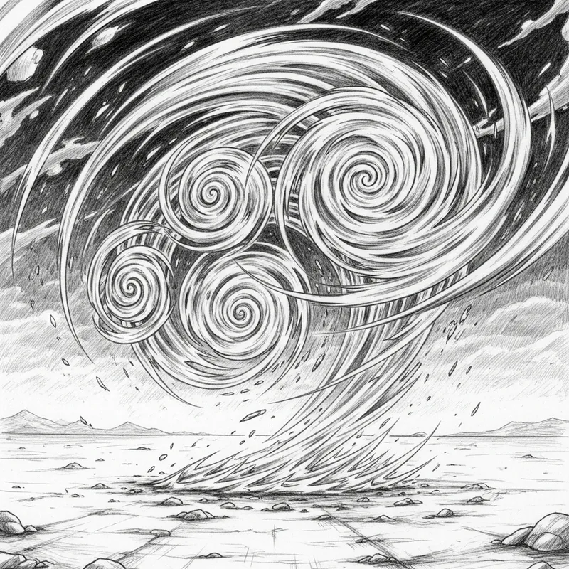 Monochrome Wind Swirls: Pencil Sketch in Minimalist Manga Style