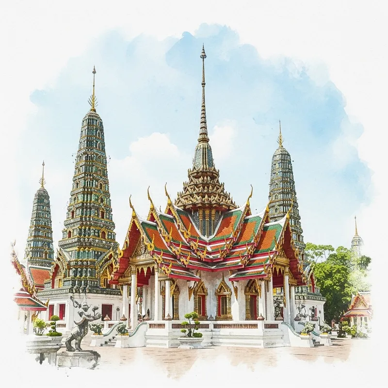 Intricate Thai Temple Watercolor Art