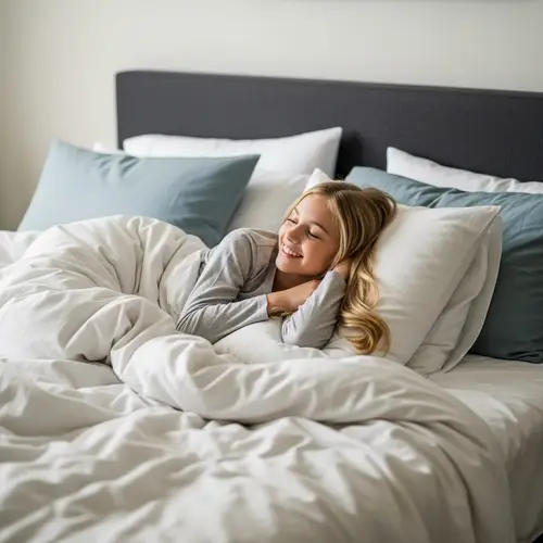 Tranquil Blonde Girl on King-sized Bed with Plush Pillows