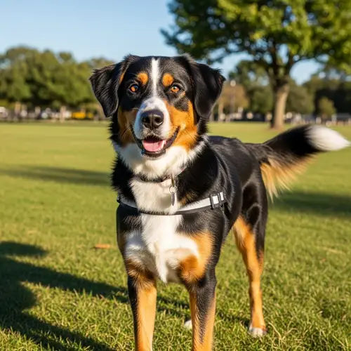 Healthy Medium Mixed Breed Dog with Tricolor Coat