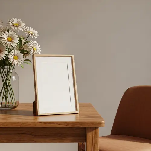 Vintage Photo Frame on Wooden Table with Fresh Flowers