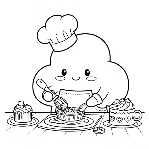 Whimsical Cloud Baking Coloring Page for Kids