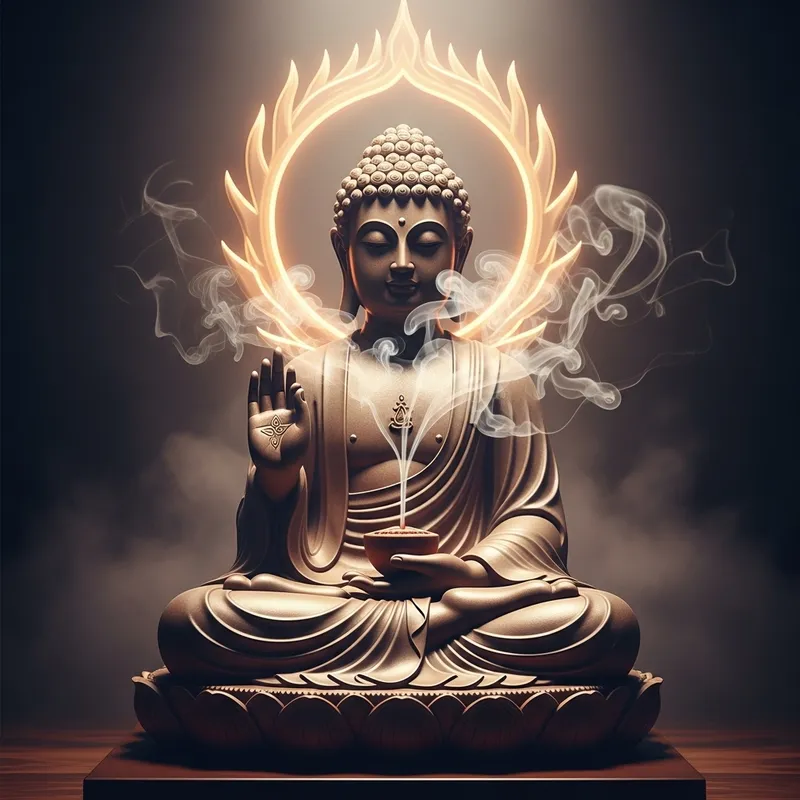 Serene Buddha Statue Amid Soft Hues and Incense Smoke
