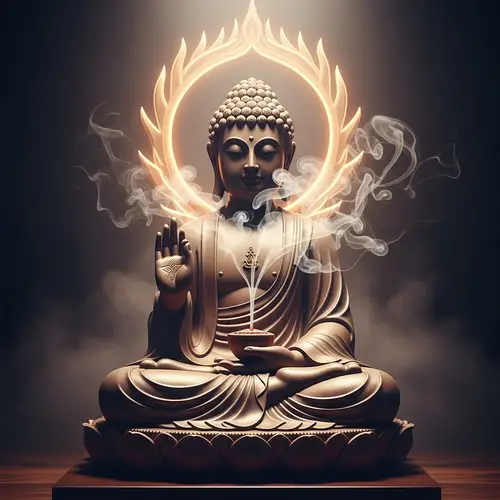 Tranquil Buddha Statue Enveloped in Incense Smoke