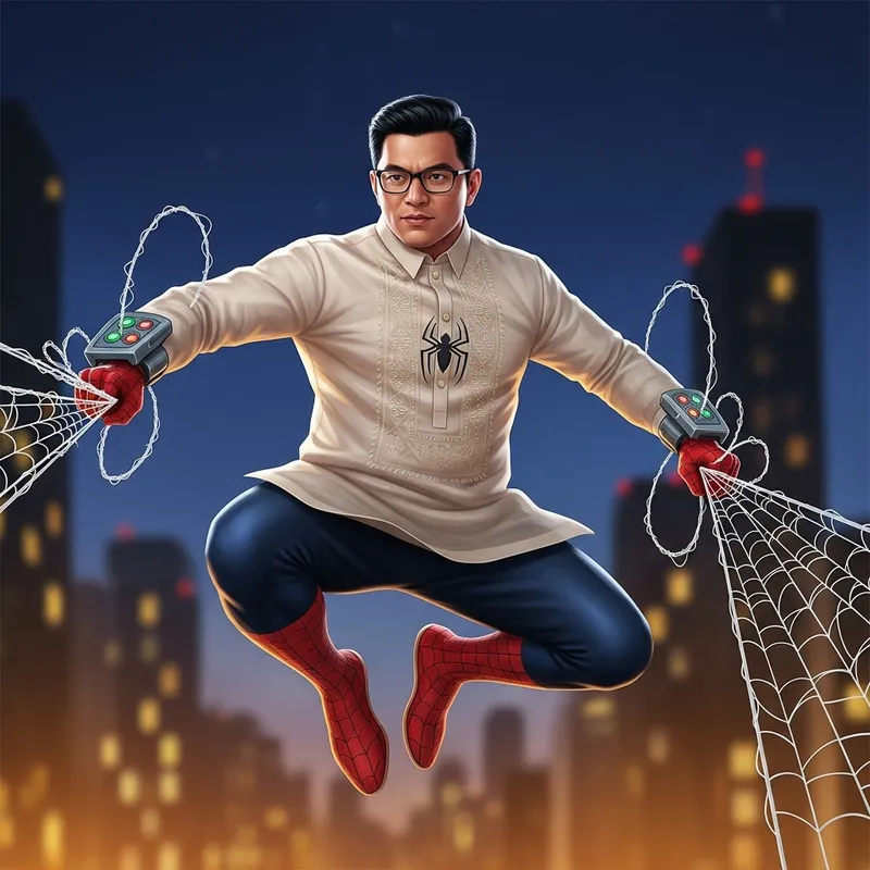 Jose Rizal as Filipino Spiderman Leaping in Night Cityscape