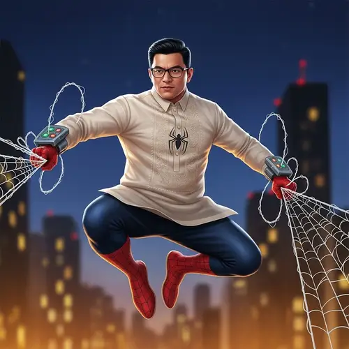Filipino Spider Superhero Leaping Across Night Cityscape