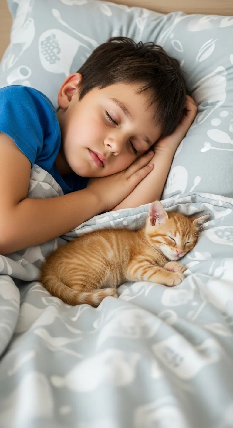 Dark-Haired Boy Sleeping with Ginger Kitten | Realistic, Hyper-Realistic Photo