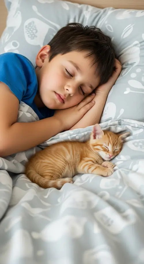 Beautiful 8-Year-Old Boy Sleeping with Ginger Kitten | Realistic Photo