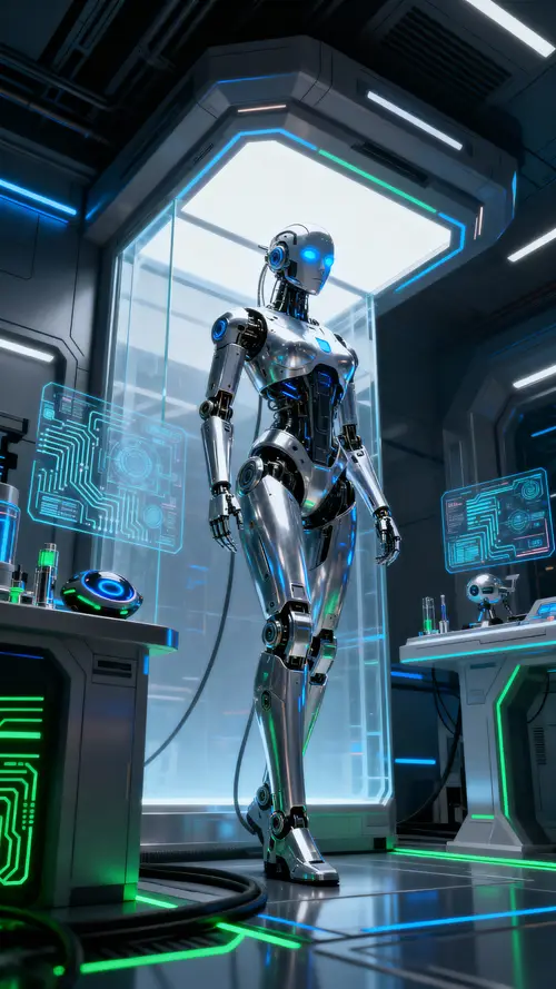 Futuristic AI Robot in High-Tech Laboratory