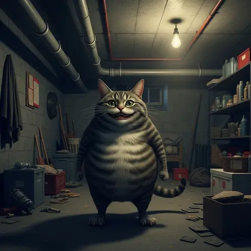 Spooky Human-like Cat in Dimly Lit Basement