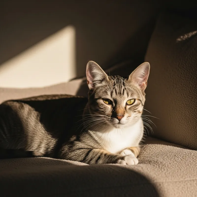 Sleek Feline Basking in Sunlight | Classic Indoor Tranquility